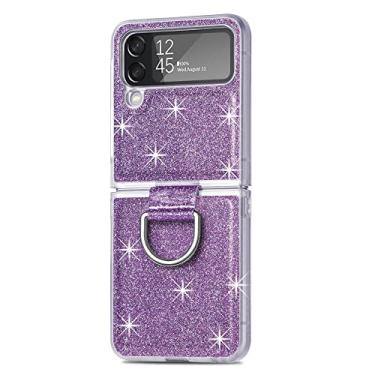 Imagem de Capa de suporte de anel criativo em pó flash para samsung galaxy z flip 4 flip 3 dobrável capa à prova de choque, roxa, para samsung z flip3