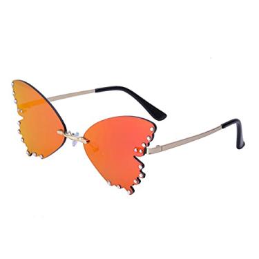 Imagem de Óculos de sol de olho de gato de borboleta de cristal sem aro para mulheres Óculos de sol de liga leve feminino Strass Tons de festa, espelho vermelho dourado, com estojo