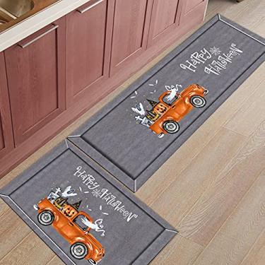 Imagem de Tapete de corredor de cozinha, caminhão laranja aquarela feliz Halloween com fantasma abóbora cinza antiderrapante tapete de porta tapete tapete para lavanderia quarto banheiro conjunto de 2