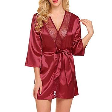 Imagem de heaven2017 Camisola solta de camisola de renda com decote em V para mulher Vinho vermelho XL