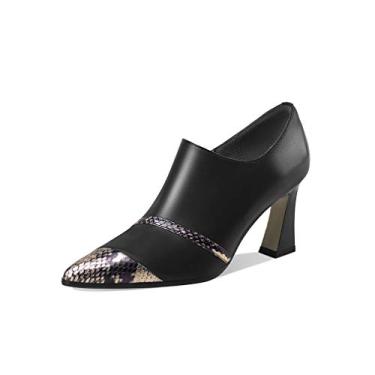 Imagem de TinaCus Sapato feminino de couro genuíno feito à mão salto alto carretel bico fino zíper lateral elegante, Preto, 8.5