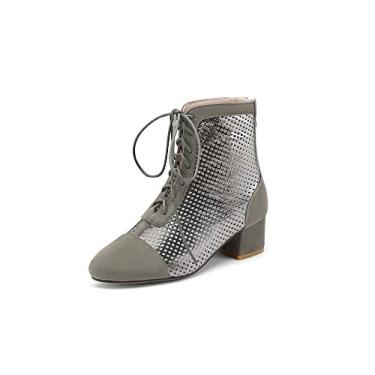 Imagem de TinaCus Botas femininas de couro, verão, outono, renda, vazadas, feitas à mão, botas de verão, salto baixo grosso, renda/zíper, botas chiques de malha, Prateado, cinza, 39