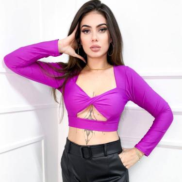 Imagem de Blusa cropped poliéster manga longa recorte transpassado infinito tendência feminina