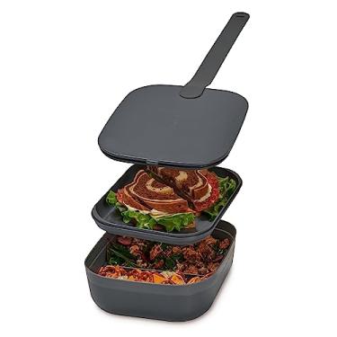 Imagem de W&P Lancheira Porter Bento, 3 compartimentos, lancheira portátil para adultos com alça de pressão - recipiente para alimentos, livre de BPA, lavável na lava-louças e micro-ondas, carvão, média