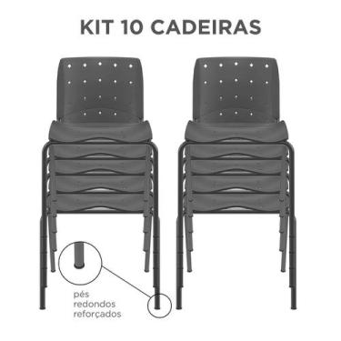 Imagem de Kit 10 Cadeiras Fixas Ergoplax Secretária 4 Pés Slim Preta Plaxmetal