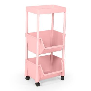 Imagem de Carrinho Multiuso Prático 3 Prateleiras Em Plástico Com Rodízio - Rosa