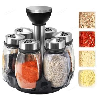 Imagem de Porta Temperos Vidro Inox Potes Para Condimentos Com Base Giratória Kit 6 Frascos Mantimentos Suporte Cozinha Organizador