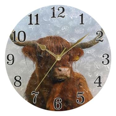 Imagem de KLL Retrato marrom escocês gado bovino vaca redondo relógio de parede operado por bateria, relógios de parede de 25,4 cm pintados em acrílico, silencioso, sem tique-taque para casa, escola, garagem,
