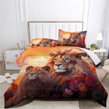 Imagem de XIICOO Conjunto de cama de casal de leões de desenho animado Leões da Vida Selvagem Afterglow Conjunto de cama para casal | 1 edredom + 2 fronhas (3 peças) ou lençol (4 peças) (A, solteiro - 4 peças)