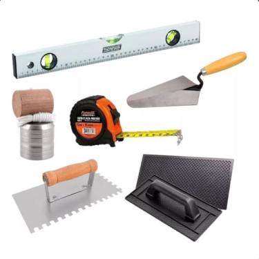 Imagem de Kit Ferramentas Pedreiro Profissional com 6 utensílios para obra- colher-nivel-prumo-desempenadeira aço-desempenadeira plástica-trena