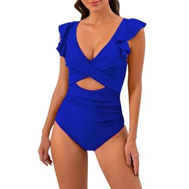 Imagem de Biquíni feminino de cintura alta estampado conservador com almofada de peito sem aço roxo, Azul, P