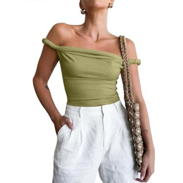 Imagem de Tankaneo Camiseta regata feminina com ombros de fora, sem mangas, caimento justo, elástica, Y2K, Verde militar, M