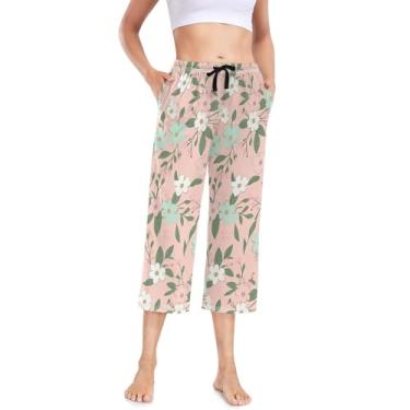 Imagem de Calça de pijama com bolsos stretch cropped pijama feminino pijama pequeno padrão fresco floral rosa, Pequeno padrão fresco de plantas florais rosa, G