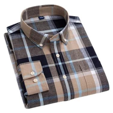 Imagem de Camisa xadrez casual de linho de algodão masculina respirável verão manga longa roupas listradas com bolso frontal, T0c18-01, XXG