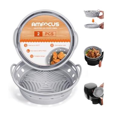 Imagem de Pote de forros de silicone Air Fryer – Pacote com 2 cestas redondas para fritadeira de ar, bandeja reutilizável para assar, substituição de papel pergaminho inflamável, acessórios de forno de grau alimentício para 5 a 8 QT, 21 cm