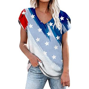 Imagem de Camisetas femininas 4th of July gola V manga curta bandeira americana estrelas listras tops camiseta caimento solto Memorial Day, Azul, GG
