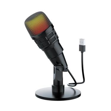 Imagem de Microfone condensador USB Plug and Play Microfone para jogos para laptop Gravação de telefone Transmissão ao vivo Karaokê 180 graus giratório Dinâmico RGB Efeitos de iluminação Microfone capacitor I