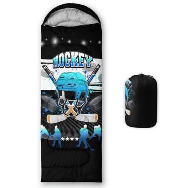 Imagem de QOOMO Saco de dormir de acampamento com estampa de hóquei, 3 estações, clima quente e frio, leve, sacos de dormir à prova d'água para adultos e crianças, viagens e ao ar livre, equipamentos de