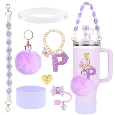 Imagem de Conjunto de acessórios para copos Stanley, topo de palha de 10 mm, bota de silicone, alça de alça de garrafa de água, pingentes de letras para tampa de canudo Stanley Cup 1,134 g Copo de 850 g (P)