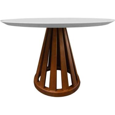 Imagem de Mesa Jantar Maitê Redonda Tampo MDF Vidro Fendi e Base Ripada Amêndoa 