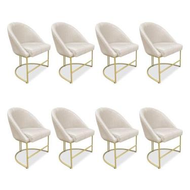 Imagem de Kit 08 Cadeiras Poltrona de Jantar Bela Linho Bege Base Metálica Indus