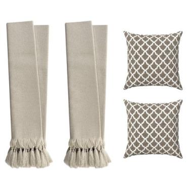 Imagem de Kit 2 Mantas Para Sofá Bege 2,20m + 2 Capas De Almofada Geométricas - 