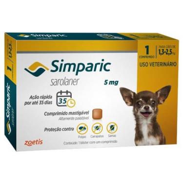 Imagem de Simparic Antipulgas e Carrapatos 5mg - 1,3 a 2,5kg Zoetis 1cpr