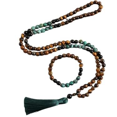 Imagem de Japamala 108 Contas em Pedras Naturais – "Turquesa Africana", Ônix Preto e Olho de Tigre – Meditação, Proteção e Equilíbrio + Pulseira – Acompanha Bolsa de Veludo