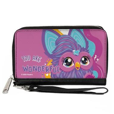 Imagem de Carteira Furby, zíper ao redor, Furby Purple Furby You Are Wonderful Running Pose Rosa Roxo, Couro Vegano, rosa, 7.5"x4.5", Casual