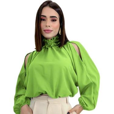 Imagem de Blusa Bata Feminina Gola Alta Manga Bufante Ombro Vazado - Swiss Bouti