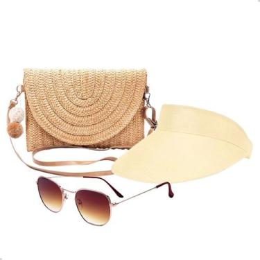 Imagem de Kit Bolsa de Palha Feminina + Viseira Solar + Óculos de Sol Uv Moda Pr