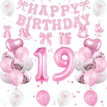 Imagem de Miidenks 19th Birthday Decorations for Girls, Pink Bow Coquette 19 Birthday Balloons Set,33 Pieces, Includes Banner, Hanging Swirls, Balloons, Perfect for Girls' Party