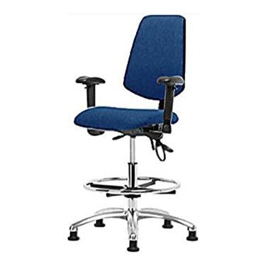 Imagem de Thomas 1163R99 Cadeira alta de tecido ESD com encosto médio, base cromada, com inclinação, braços ajustáveis, anel de pé cromado, deslizamento ESD, azul