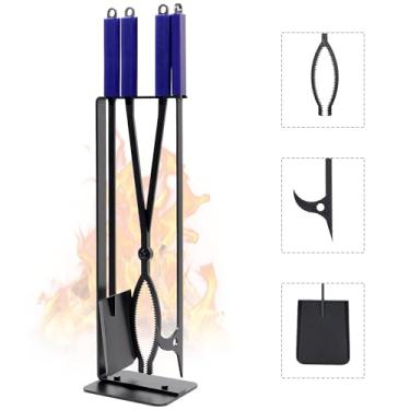 Imagem de CKLT Conjunto de ferramentas de lareira para uso interno, pinça de fogo e pá de 71 cm, pinça de lenha de ferro forjado com suporte de metal e alça de borracha para fogueira e pá de cinzas para