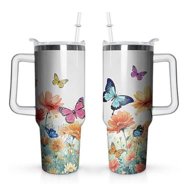 Imagem de wxmbdzq Copo de borboleta de 1,134 g com alça e tampa de palha, copo de aço inoxidável isolado à prova de vazamento, compatível com porta-copos, perfeito para viagens ao ar livre, carro e esportes