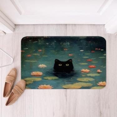 Imagem de Feelyou Tapete de banho de poliéster Lótus lago, tapete de porta de lã macia de gato preto engraçado, decoração de quarto de crianças, meninos, meninas, estilos de pintura a óleo, tapete de banho