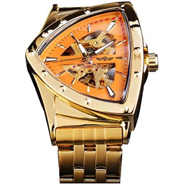 Imagem de FORSINING Relógio mecânico masculino triângulo esqueleto automático de luxo ouro preto relógios de aço inoxidável à prova d'água luminoso relógio de pulso esportivo, Ouro, ouro