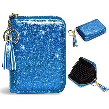 Imagem de Carteira feminina pequena para cartões de crédito com glitter RFID, carteira para cartões de crédito, A Glitter Azul Marinho, Small