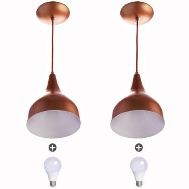 Imagem de 2 Lustres Pendente Gota Pequena Alumínio 21cm Cobre + Lampad - MARRYLU