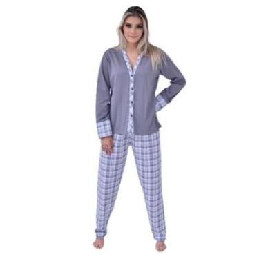 Imagem de Pijama Feminino Longo de Inverno Moletinho Flanelado Botões-Feminino