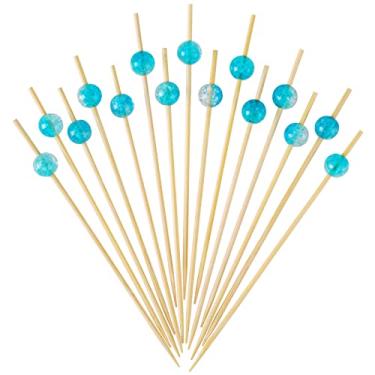Imagem de Minisland Palitos de dente extravagantes de pérola azul celeste para aperitivos, palitos de coquetel de bambu de 11 cm, palitos decorativos para festas, alimentos, bebidas, charcutaria, frutas, espetos, espetos, 100 unidades - MSL417