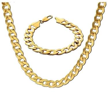 Imagem de Corrente Colar com Pulseira 10 mm Grossa Masculina Aço Banhado a Ouro 