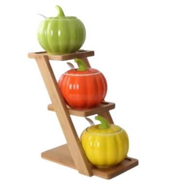 Imagem de Jogo de 3 Porta Temperos em Porcelana, Saleiro Formato de Vegetal, Base de Madeira, Com Colher de Porcelana, Saleiro Sofisticado de Luxo, Kit com 3 Porta Condimentos (Porta Condimento 1)