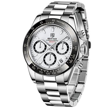 Imagem de Relógio masculino BENYAR Fashion Quartz Movimento pulso cronógrafo analógico Negócio impermeável e resistente a arranhões Pulseira de aço inoxidável Lazer esportes relógios para homens, Silver white