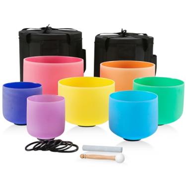 Imagem de Conjunto de 7 tigelas coloridas de cristal fosco de 15 a 30 cm 432 Hz para meditação, cura, yoga, chakra, quartzo, taças com estojos de transporte resistentes e martelo de borracha, camurça Striker,