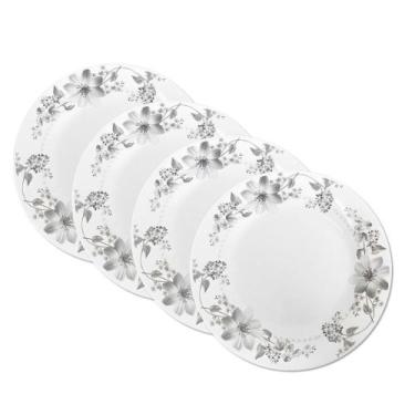 Imagem de Jogo 4 Prato de Sobremesa Vidro Branco Flores Cinza Flowers Grey 20cm 