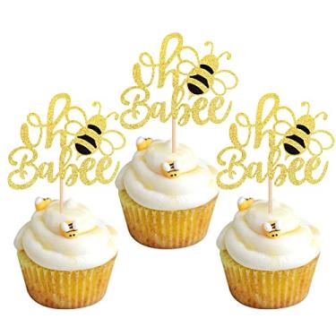 Imagem de Rsstarxi Pacote Com 24 Toppers Para Cupcake Bumble Bee Oh Babee, Palitos Para Cupcakes Com Glitter Dourado Bee Oh Baby Para Chá De Bebê, Decoração De Bolo Para Festa De Aniversário De Meninos E Meni