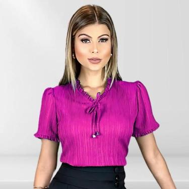 Imagem de Blusa Feminina Social Com Decote V Manga Curta - Katyani Modas, Fucsia