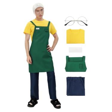 Imagem de C-ZOFEK Conjunto completo de fantasia masculina Sakamoto cosplay tamanho EUA com óculos e crachá Halloween, Amarelo e verde, G