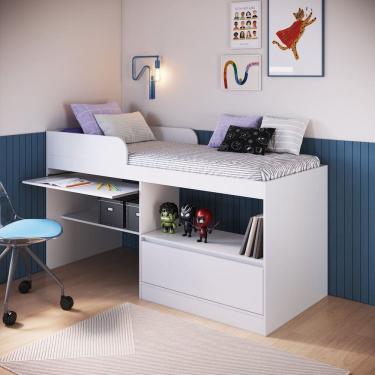 Imagem de Cama Alta Multifuncional Solteiro com Estação de Trabalho 80 Jacarta Branco